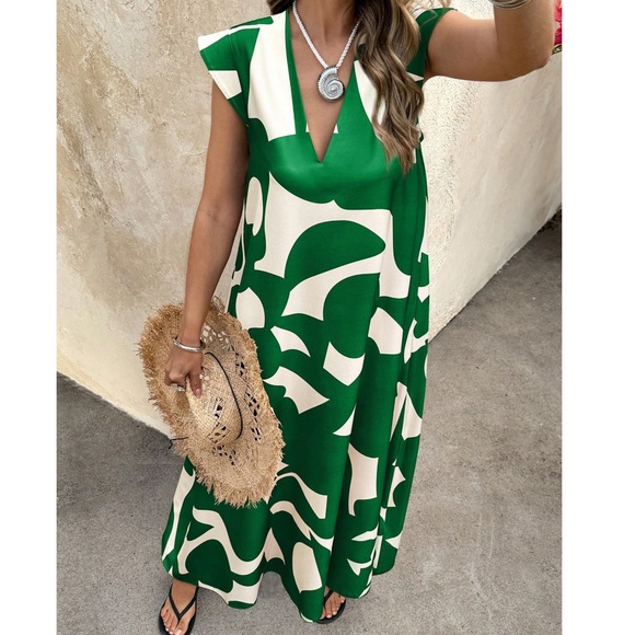 Abstract Geo Print Cap Sleeve V neck Flowy Maxi Dress - Picture 8 of 11